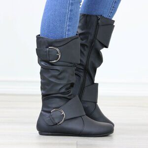 Black Mid-Calf Boots Slouch Shaft Faux Leather Side Zip Flat Sole